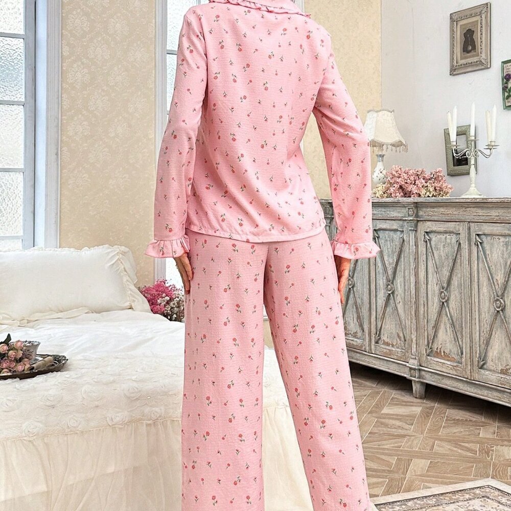 Pink Romantic Women's Cozy Elegant Floral Bubble Ruffle Sleepwear Pajama Set - Picture 2 of 6